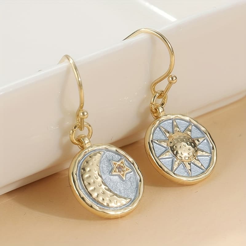 TEMU Vintage Copper Material Hand Carved Sun And Moon Earrings Inlaid With Synthetic Zirconia Women's Bohemian Style Pendant Earrings
