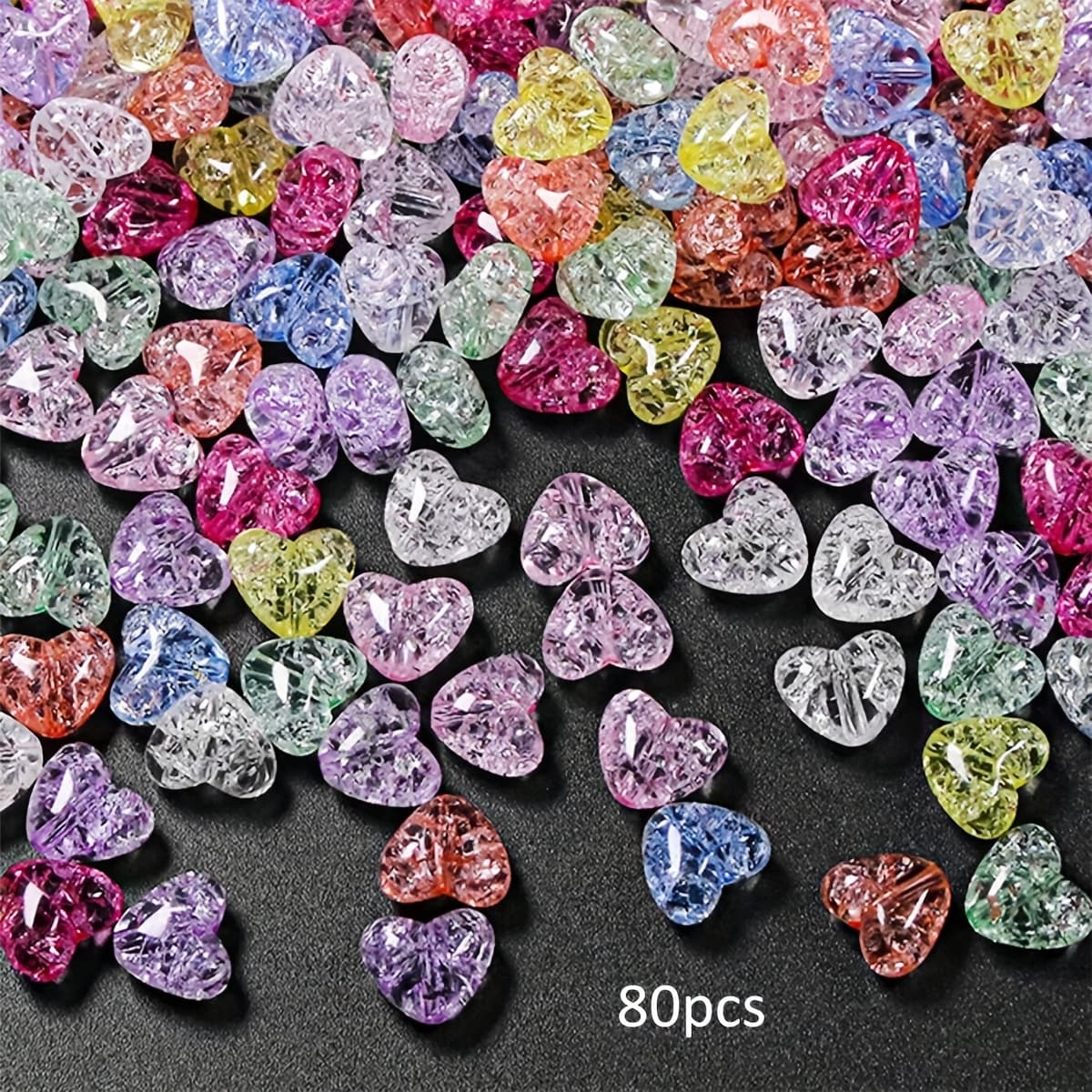 TEMU 80pcs 10mm Heart & Star Shaped Crackle Acrylic Beads For Jewelry Making Diy - Vibrant Multicolor Craft Supplies For Necklaces, Earrings, Keychains, Phone Charms