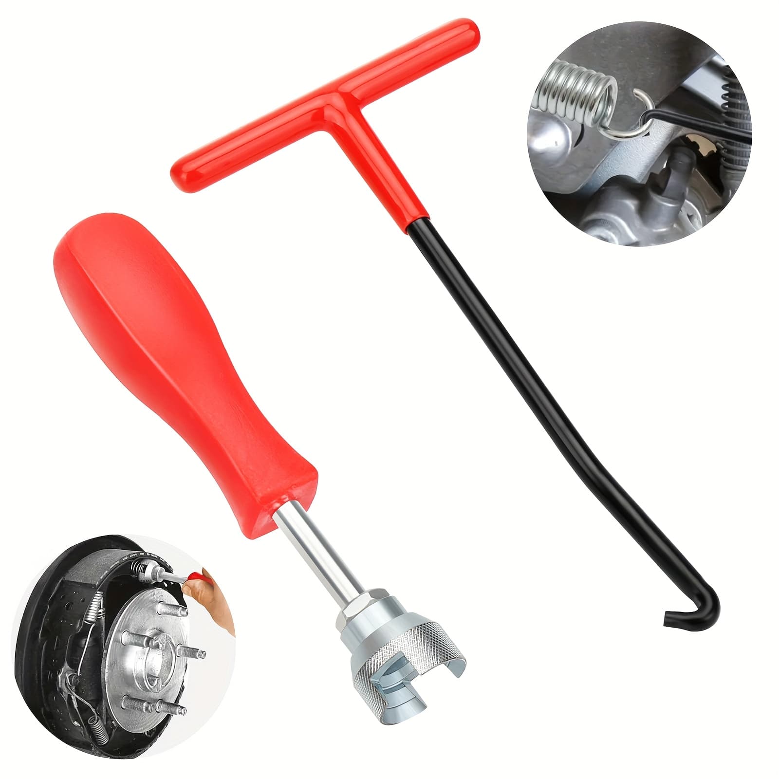 TEMU Set Of 2 Brake Caliper Featuring A Compressor And Hook Wrench, Made Of Metal With A Red Rubber Grip For Control, Designed For Professional Automotive Brake Repair And Maintenance