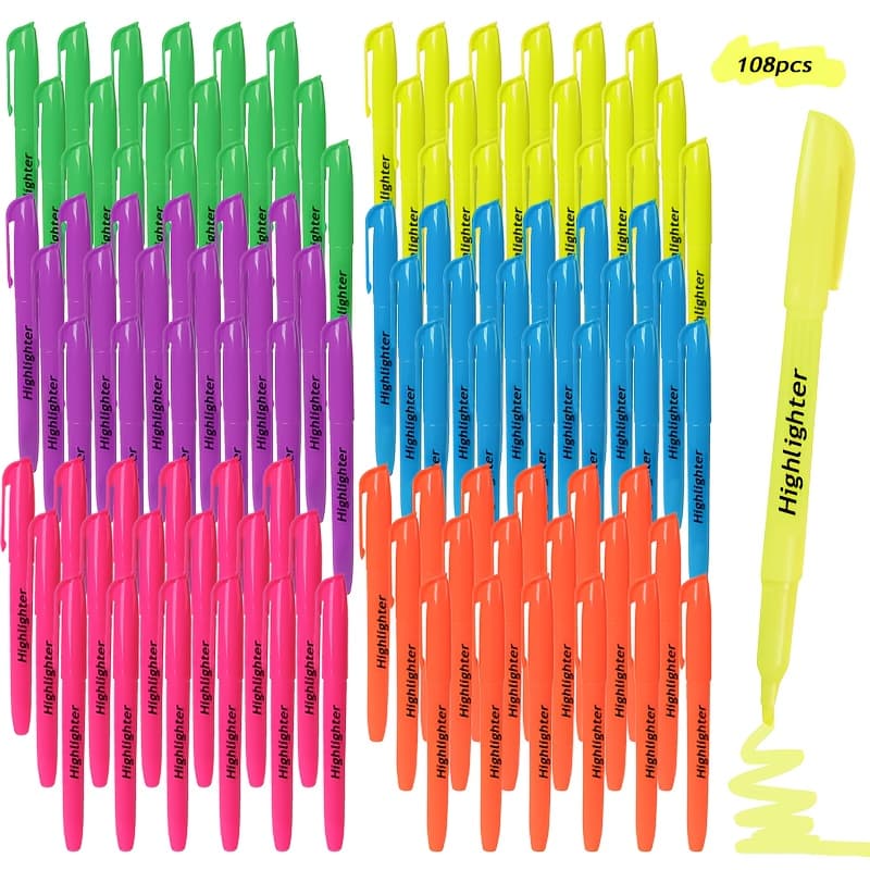 TEMU 108/150pcs 6 Assort Color Highlighter Set. Chisel Tip Highlighters With Durable Clip, Highlighter Bulk Set With Compartment Box Suitable For Office And Home. Bright Colors Ideal Stationery