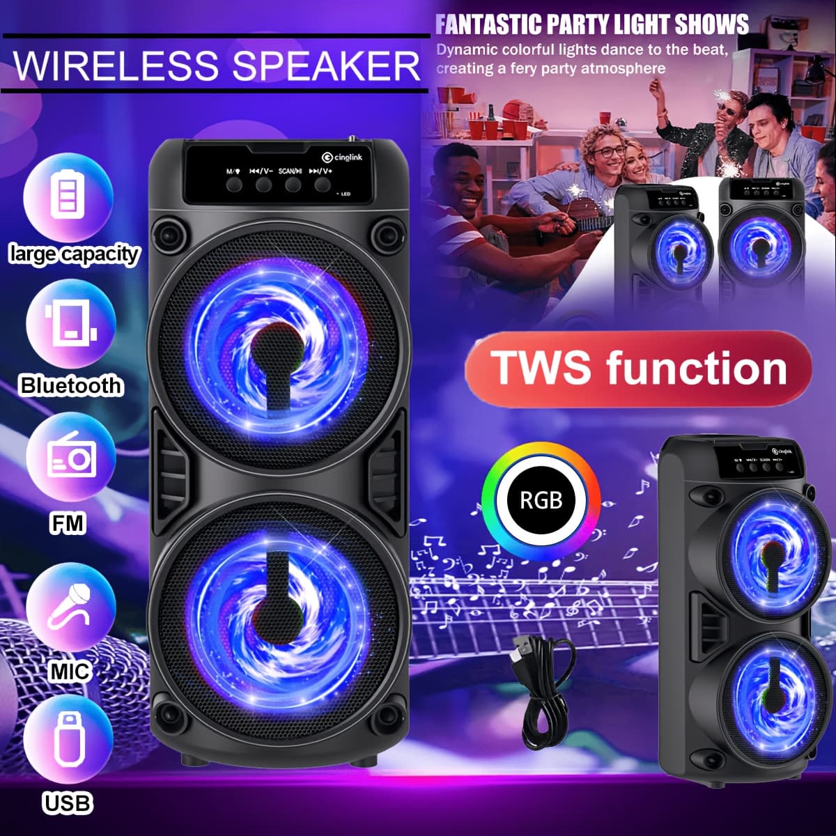 TEMU Wireless Wireless Dual Speaker System Portable Subwoofer With Rgb Lighting, Featuring 2 Different Speaker Sizes, , Perfect For Family /party/outdoor Camping, , Trendy Audio