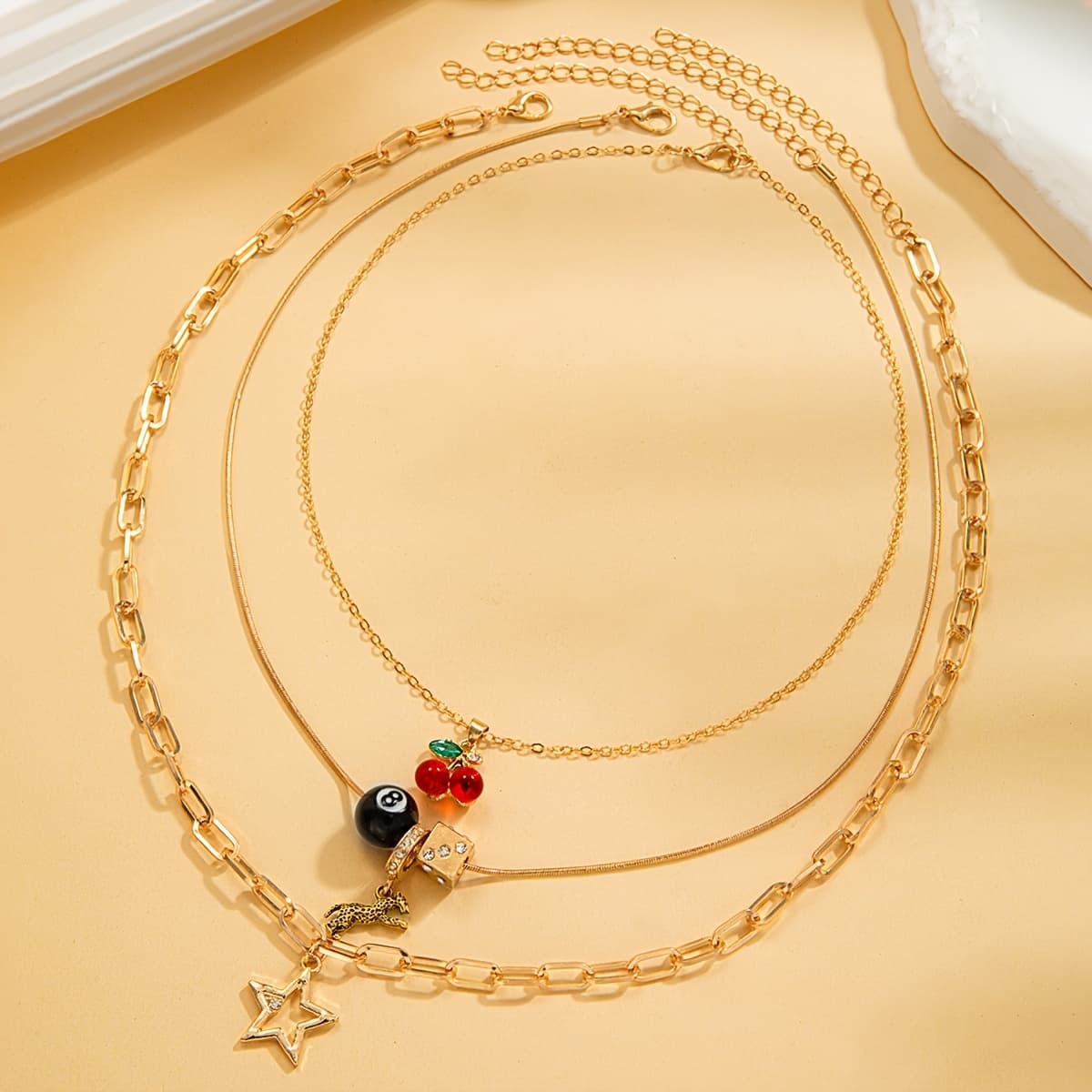 TEMU 3pcs Set: Fresh And Alloy Acrylic Cherry Necklace, Star Necklace, Leopard Necklace, And Sieve Necklace Women's Necklace, Suitable For Daily Wear, Vacation, Parties, And Gifting
