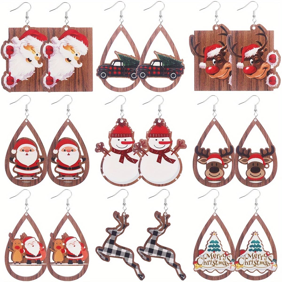 TEMU 9 Pairs Of Christmas Wooden Earrings Set, Cute Snowman Santa Deer Christmas , Wood Earring Gift Set For Women - Seasonal Accessories For Christmas Celebrations