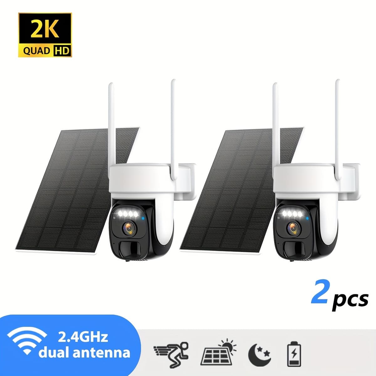 TEMU Panel 2k Fhd Wifi Ip Security Camera Wireless Outdoor [2pcs], Ip66, With Detection, Color Night Vision And Audio Functions.