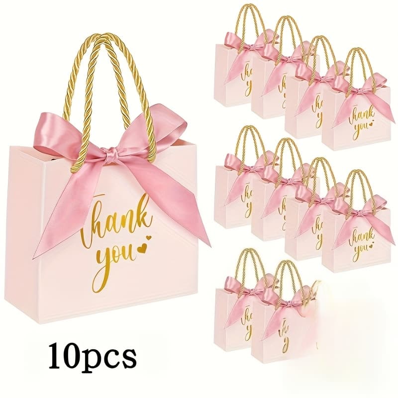 TEMU 12pcs Small Thank You Gift Bags With Handles - Pink Mini Gift Bags With Ribbon For Wedding, Birthday, Party Favors, Christmas, Halloween