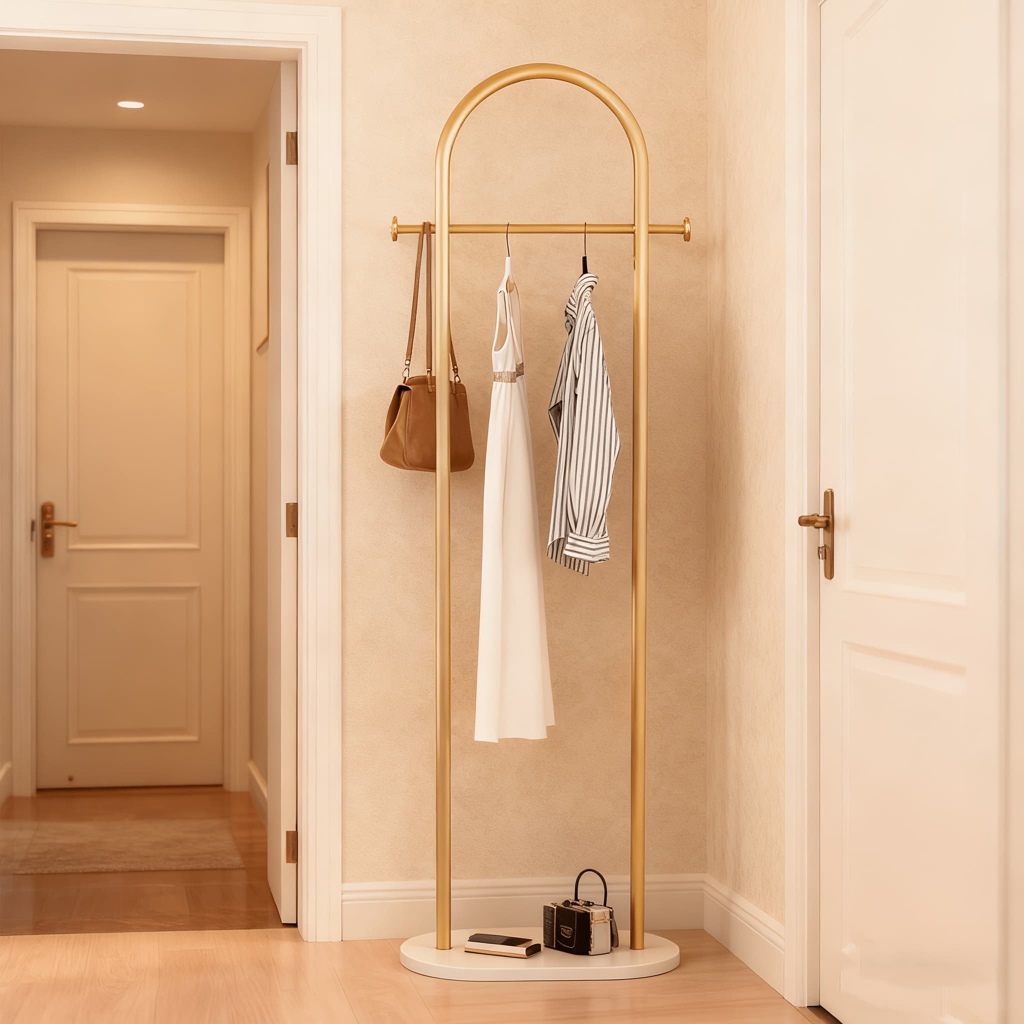 TEMU Marble-base Metal Coat Rack - Heavy Duty Garment Stand For Bedroom, Entryway & Living Room - Ideal For Clothes, Hats, Bags & Scarves