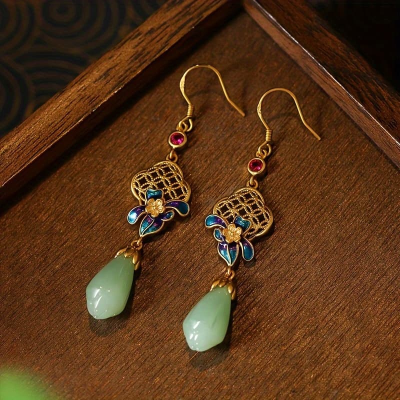 TEMU 1 Pair Gold-plated Floral Grid Chinese Earrings, Green And Embellishments, Perfect For ,
