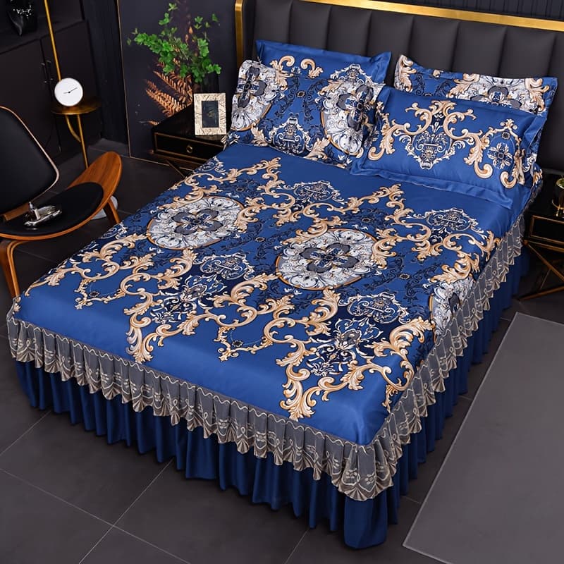 TEMU 3pcs Double Layer Ruffle Bed Skirt Style Cool Mat 3 Piece Set With Pillowcase Washable High Weight 360° Full Wrap