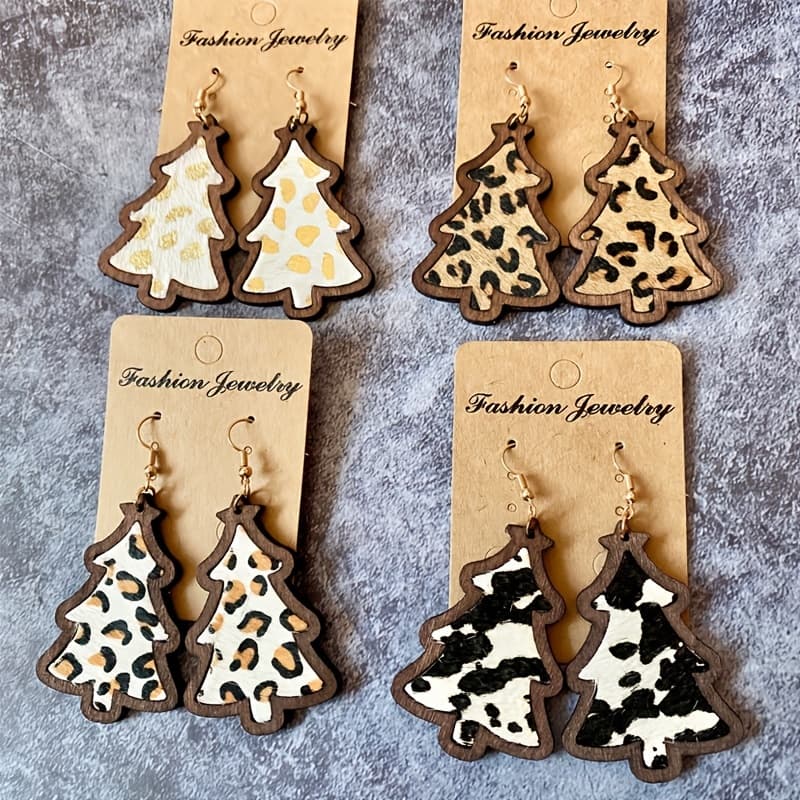 TEMU 4 Pair Chic Leopard & Cow Print Christmas Tree Earrings, Women's Fashion Wooden Dangle Earrings, Perfect For Parties, Christmas Eve Gift.