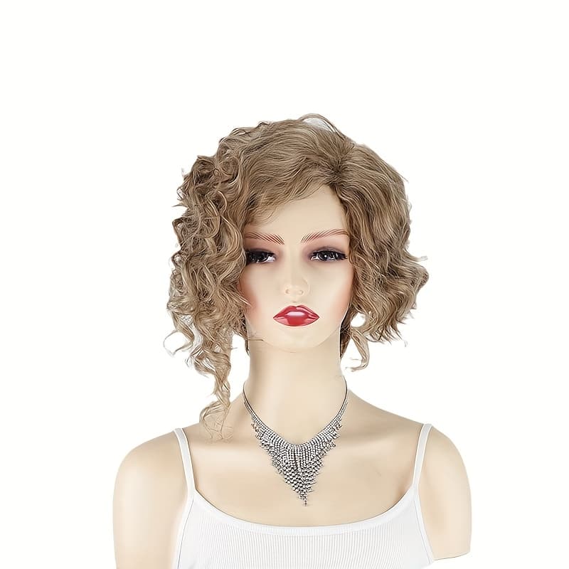 TEMU Realove Synthetic Short Curly Wig - Mix Blonde Curly Wave With Bangs, 150% Density , Elegant For Women, Grandma, All , Stylish Hair Accessory | Elegant Hairpiece | Synthetic Hair Wig, Wig