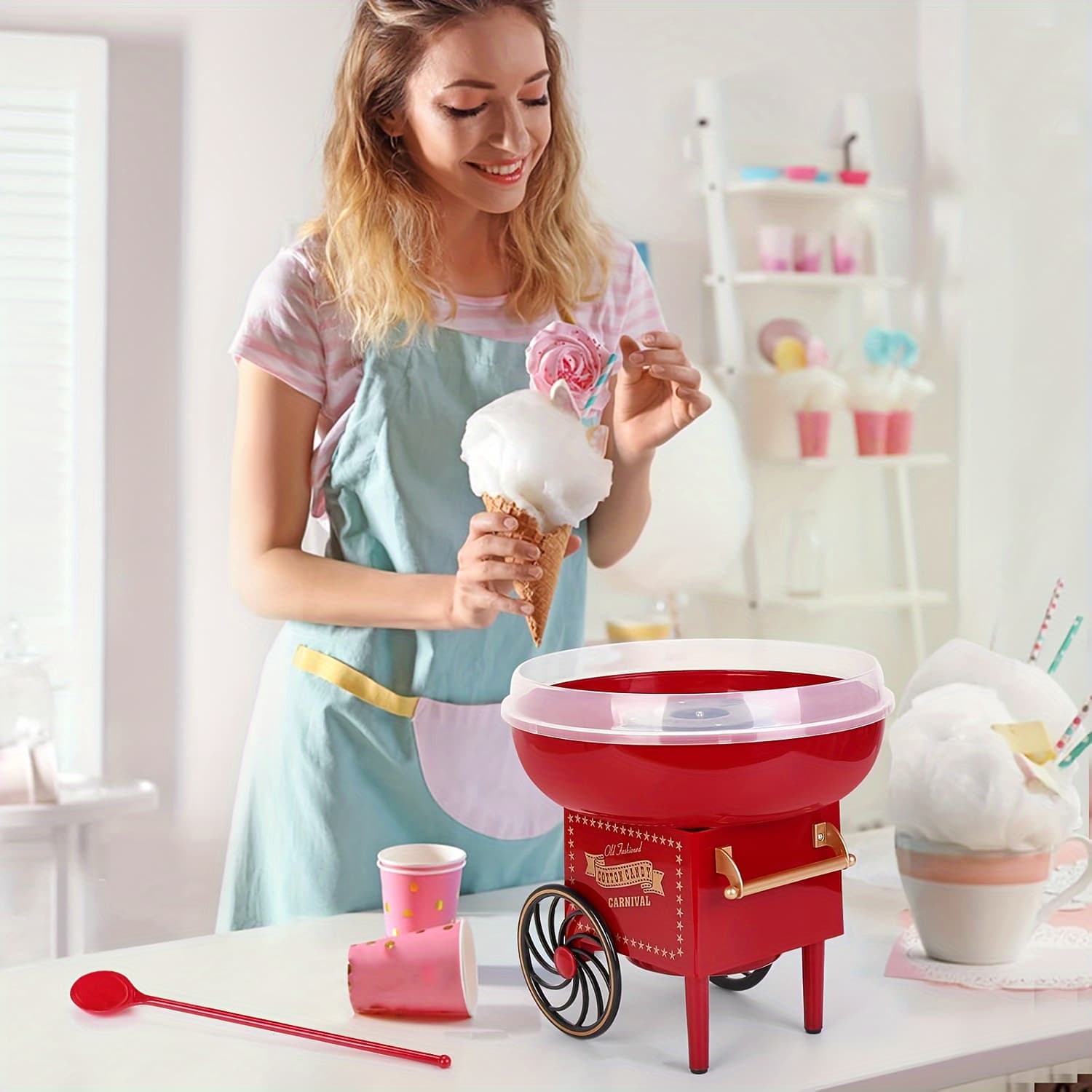 TEMU Candy Machine, Countertop Homemade For Birthday Parties, Includes A Scoop And 10 Candy Cones, Red Vintage