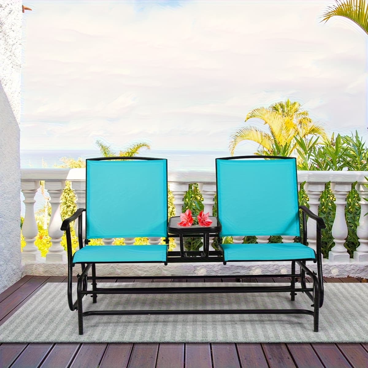 TEMU Costway 2 Person Outdoor Patio Double Glider Chair Loveseat Rocking Turquoise