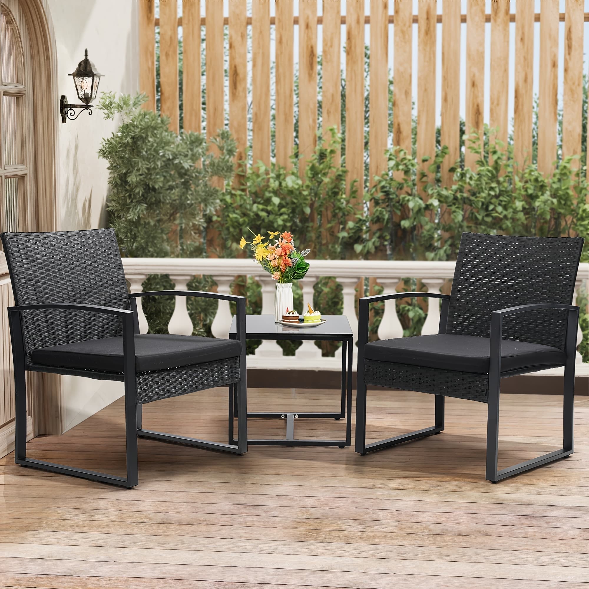 TEMU Outdoor Patio Furniture Set, Rattan 3pcs Bistro Set With Tempered Glass Table, Thick Cushions, Ideal For Patio, Garden,