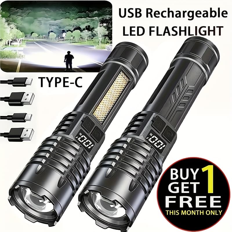 TEMU 2packs High- Led Flashlight Rechargeable Flashlight Light, 5 Lighting Digital Display Flashlight Light For Outdoor, Camping Hunting Emergency Survival Gear Camping Must Haves