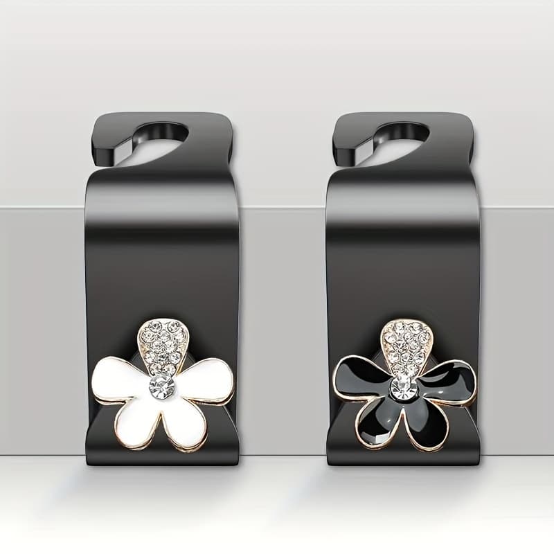 TEMU Set Of 2 Car Seat Back Hooks For Hanging Items In The Back Seat, Featuring A Multifunctional Design With A Metal Feel In Black And White Floral Pattern