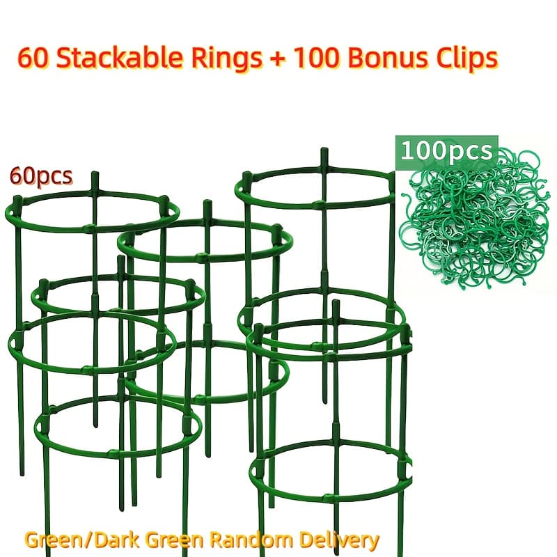 TEMU 160 Pcs Plant Support Set - 60 Stackable Plant Rings & 100 Garden Clips For Tomatoes, Vines, Peonies | Reusable Adjustable Plant Cages, Trellis Clips
