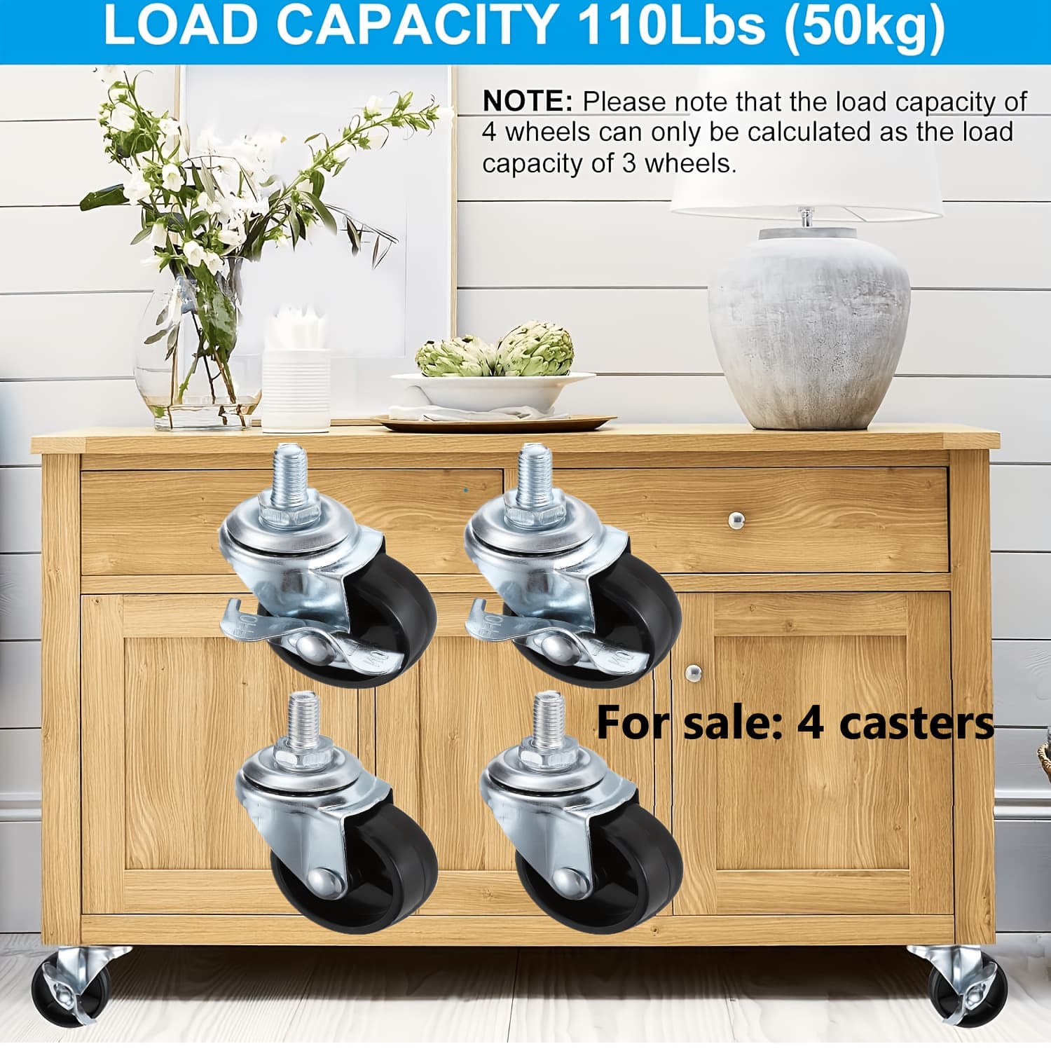 TEMU 4pcs 1.5 Inch Stem Casters Wheels, 4pcs Wire Shelf Caster M8 Threaded Swivel Wheels For Furniture Wire Shelving Rolling Cart Replacement, Black (2 With Brake, 2 Without Brake)