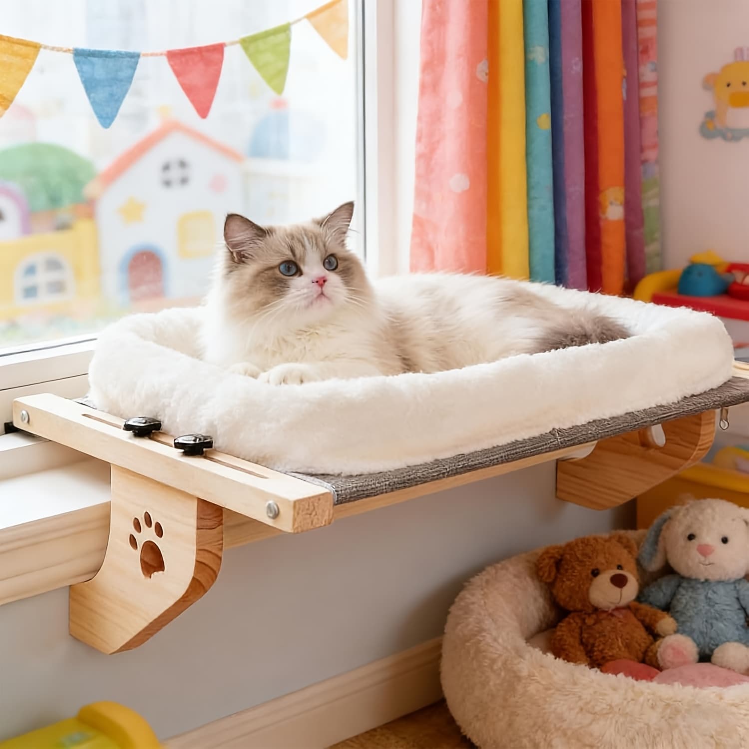 TEMU Cat Window Perch, Cat Window Hammock For Indoor Cats Wood & Metal Frame For Large Cats, Easy To Adjust Windowsill, Bedside, Drawer And Cabinet