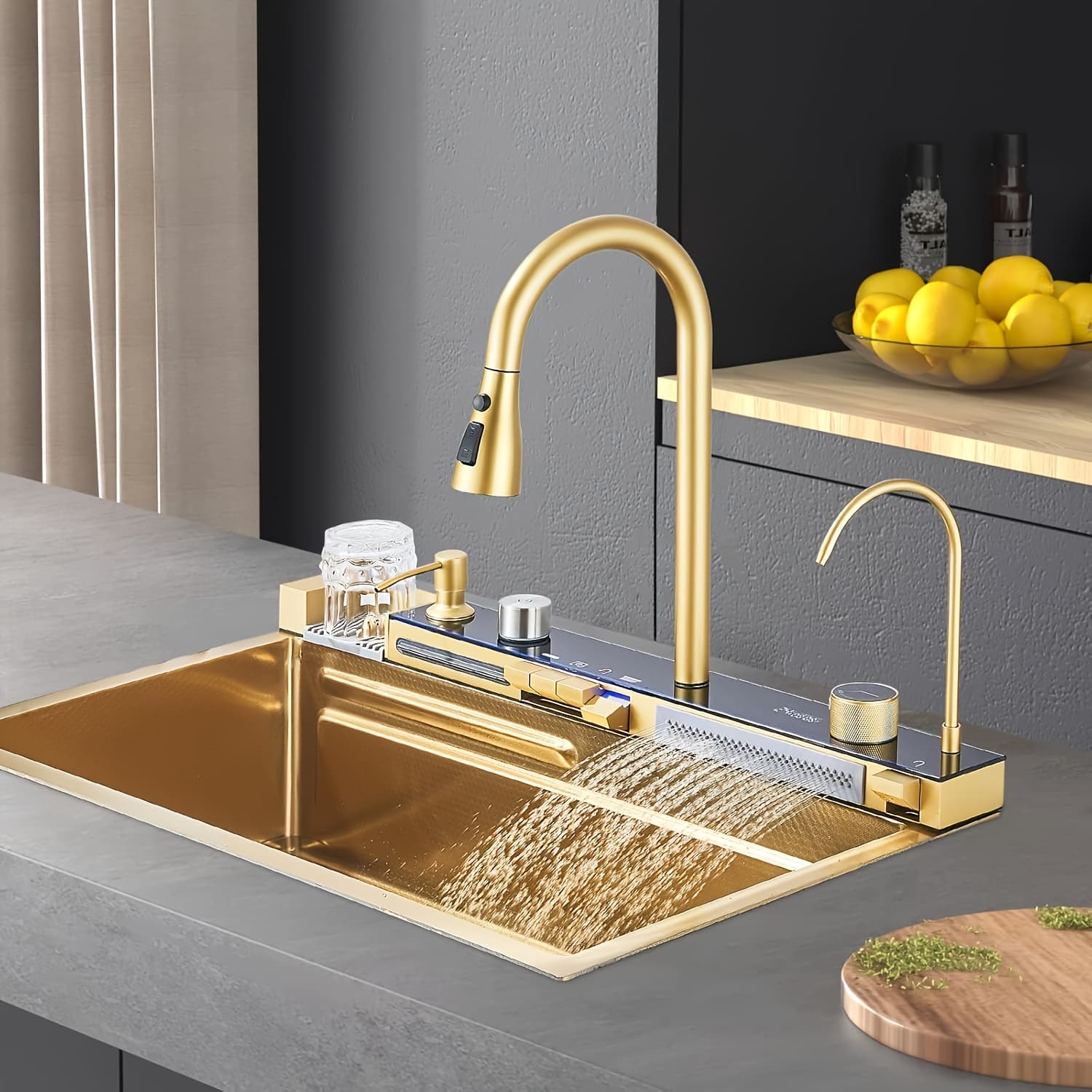 TEMU Integrated Led Kitchen Black Steel, Stainless Steel Single Large Bowl With Mixer Taps And Waste Kit