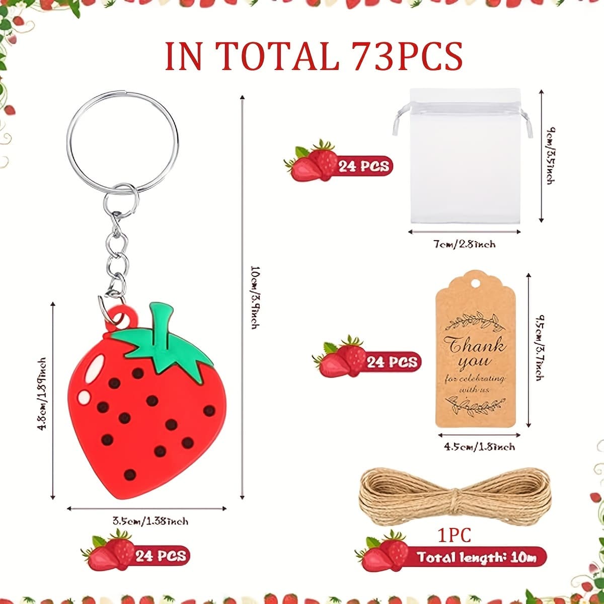 TEMU 73pcs, Srawberry Keychain Party Favor Set Red Plastic Strawberry-themed Keychain With Thank , White Gift Bag, And Strawberry-themed Party Return Twine
