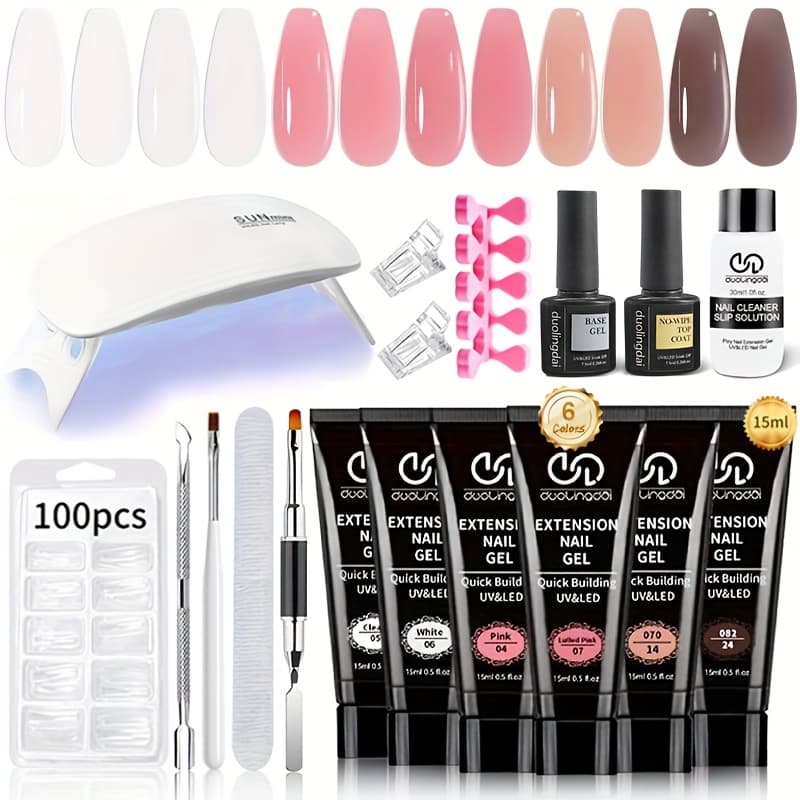 TEMU Poly Nail Gel Kit: 6 Clear Pink White Colors Gel Builder For Gel Nail Extension Set, Long Lasting Hard Gel For Nails , All In 1 Nail Thickening Solution Salon Home French Manicure.