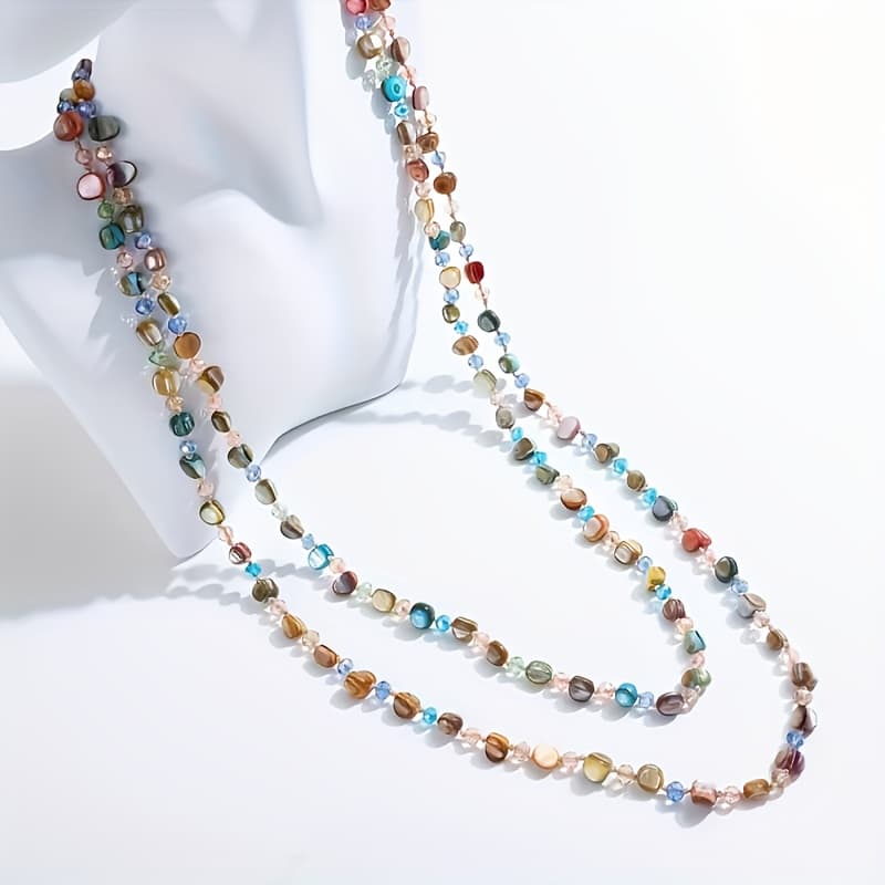 TEMU Bohemian Style Long Natural Stone Bead Necklace - Multicolor Random Beads, Lightweight For Casual, Beach, Party & Casual Attire - Perfect Gift For Women