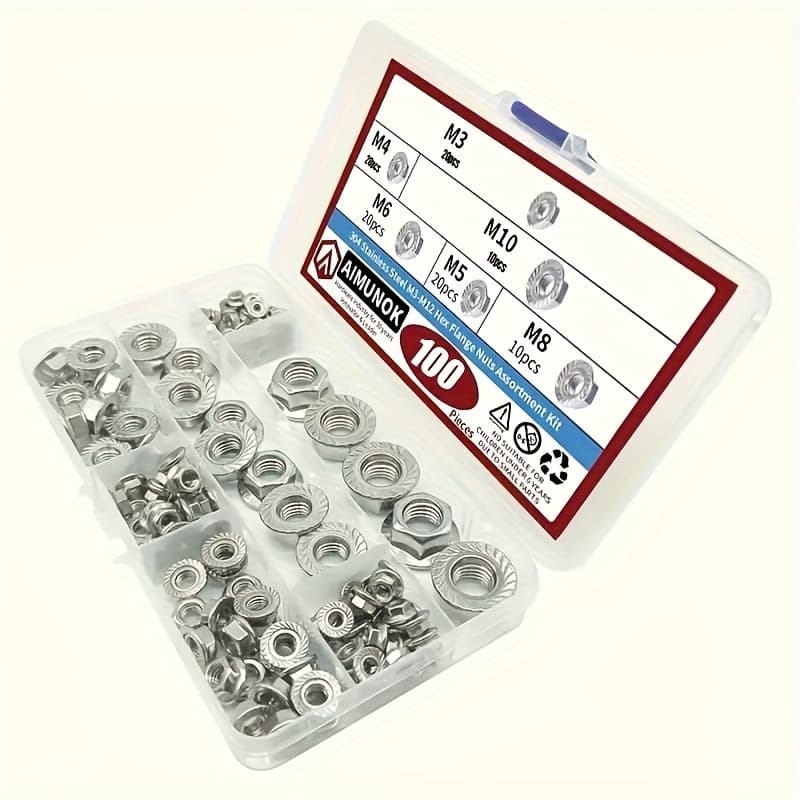 TEMU 100pcs 304 Stainless Steel Flange Nuts Insert Hex Lock Nuts Assortment Kit