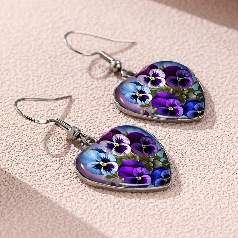 TEMU This Heart-shaped Earring Bohemian Style Uses A Pansy , Stainless Steel Ear Pins, Glass Mosaic, -1 Pair