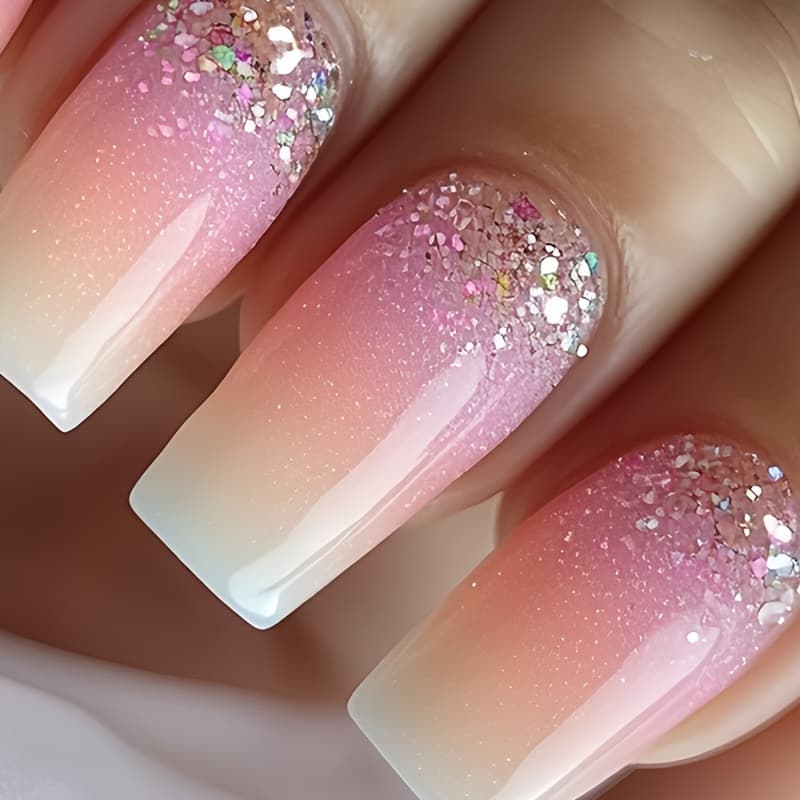 TEMU 24pcs Spring And Summer Gradient Press-on Nails, With Glitter And Gradient Design, Full-coverage Medium Short Fake Nails Set, Removable And Reusable Nails, Suitable For Women