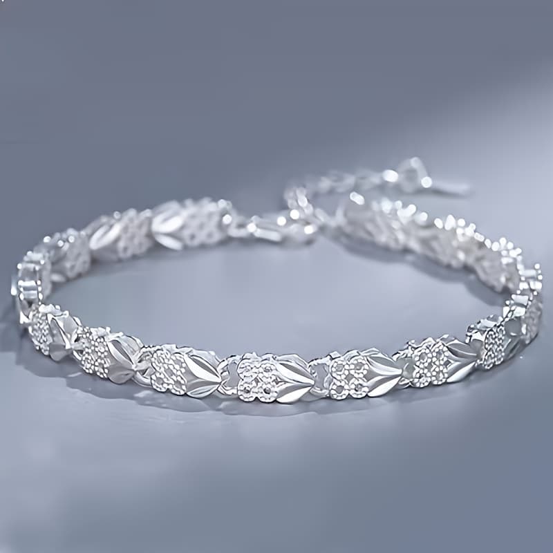 TEMU 925 Sterling Silver Bracelet With A Retro Design - Features A Bohemian Chic Style And Intricate Leaf Patterns, Comes With An Adjustable Clasp | Ideal For Everyday Use And As A Gift