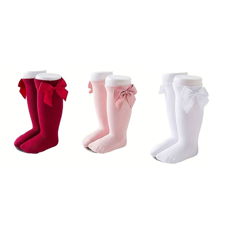TEMU 3-pack Girls' Flat Bow Mid-calf Socks, Comfortable And Soft Baby Mid-calf Socks, Holiday Dress Matching Socks