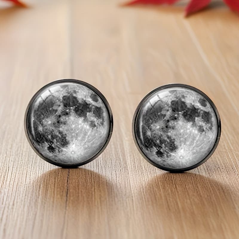 TEMU 1 Pair Handmade Black Earrings - Round Glass Cabochon Studs With Design, Elegant Everyday Jewelry For Women, Birthday/christmas Gift Idea, , No Battery Needed, Perfect For Daily Wear Or Gift