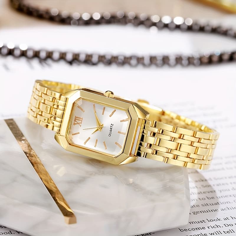 TEMU Golden Color Elegant Women's Bracelet Watch Rectangular Dial Exquisite Stylish Everyday Wristwatch