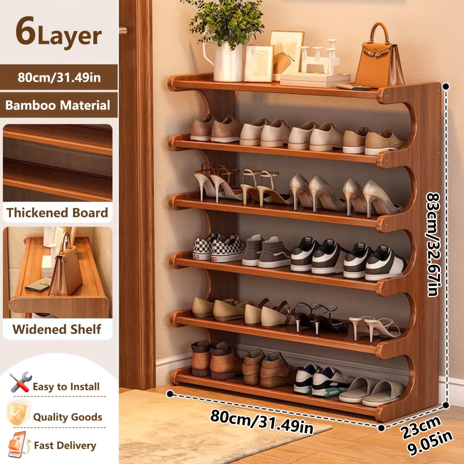 TEMU 3/5/6 Layer Bamboo Shoe Rack, Wood Grain End, Suitable For Dormitory And Home Entrances, Easy To Assemble, Brown, Independent, Practical Storage Rack, Home Storage, Multiple
