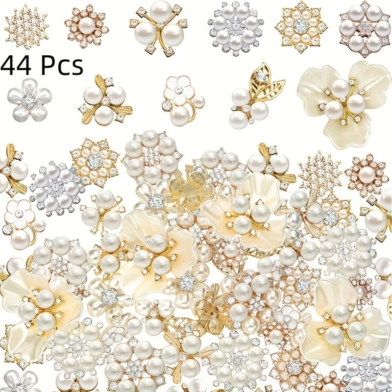 TEMU 44pcs Pearl Buttons Faux Pearl Embellishments Pearl Brooch Alloy Floral Pendants For Jewelry Making Clothes Bags Shoes Supplies And Wedding