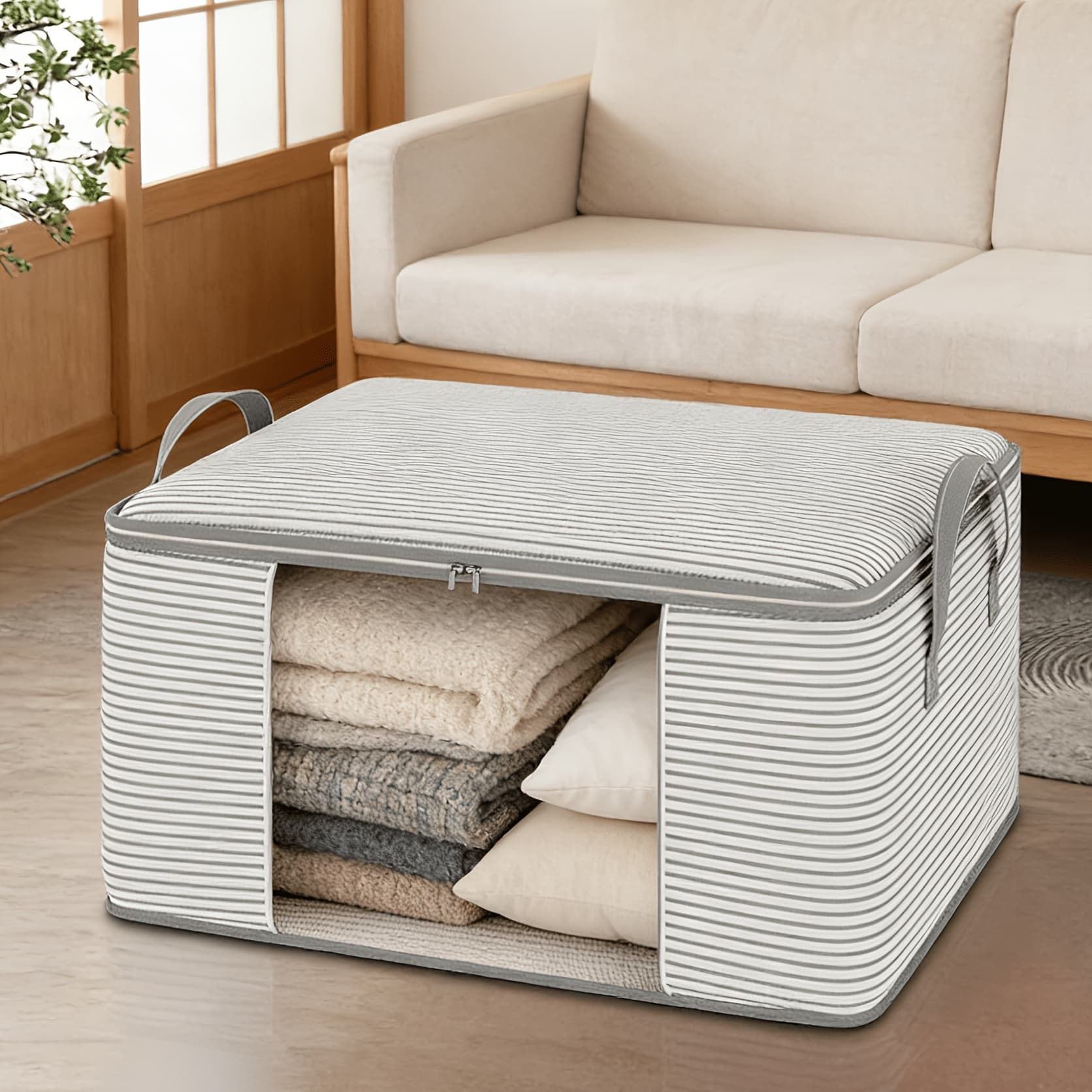 TEMU A Striped Visual Quilt Storage Bag, A Large-capacity Household Storage Solution For Clothes And Quilts, A Must-have For Moving And Packing, Offering And Dust-proof Storage, Under-bed Storage