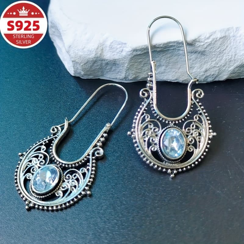 TEMU S925 Pure Silvery Bohemian Retro Hollow Earrings With Shape, Women's Jewelry, A Must-have For, A Gift For Valentine's Day And Halloween. Christmas Gift That Stuffed ,
