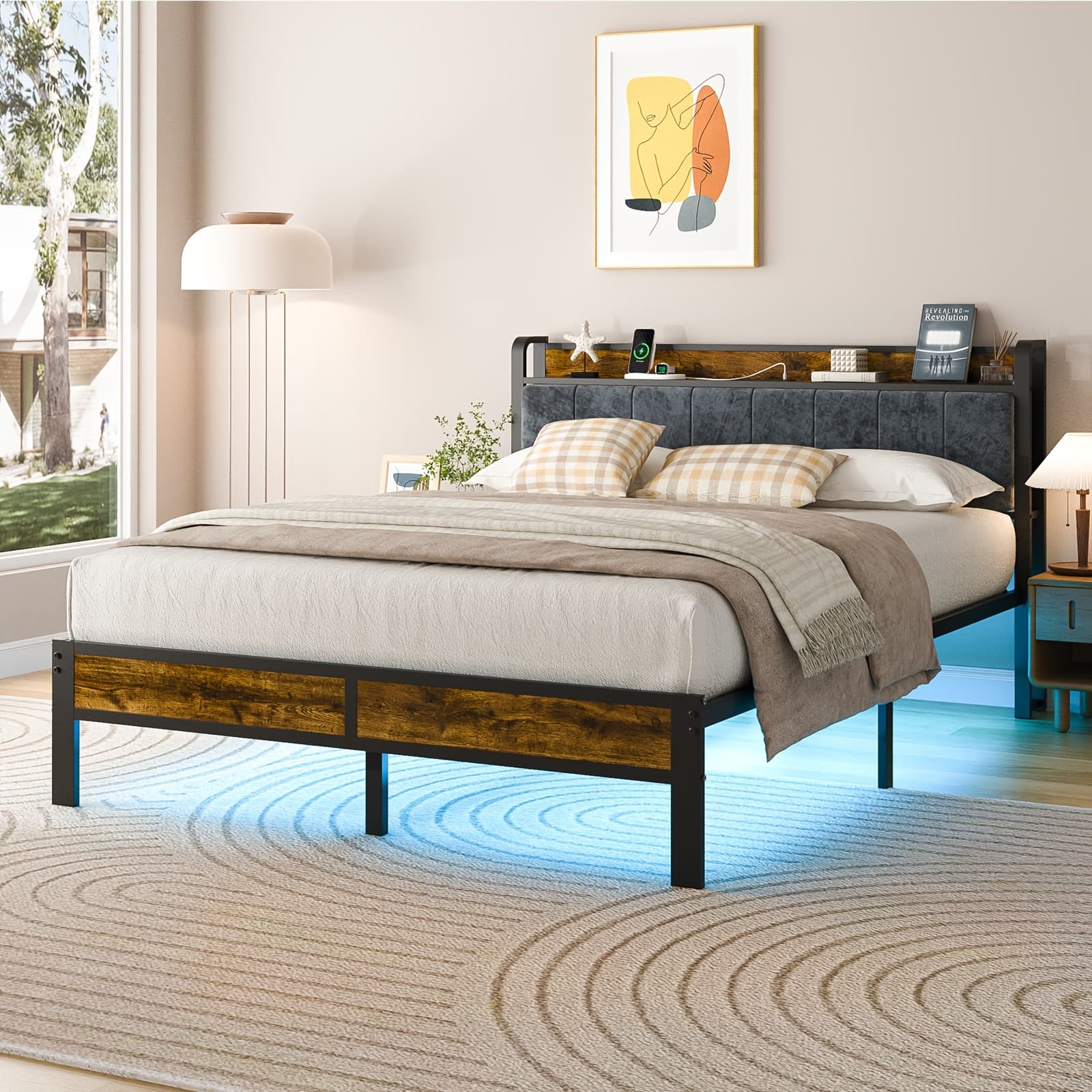 TEMU Bed Frame With Led Lights, Metal Platform Bed With Storage Headboard And Usb Charging Station, Type C, Spring Needed, Twin Size, Full Size, Queen Size, King Size