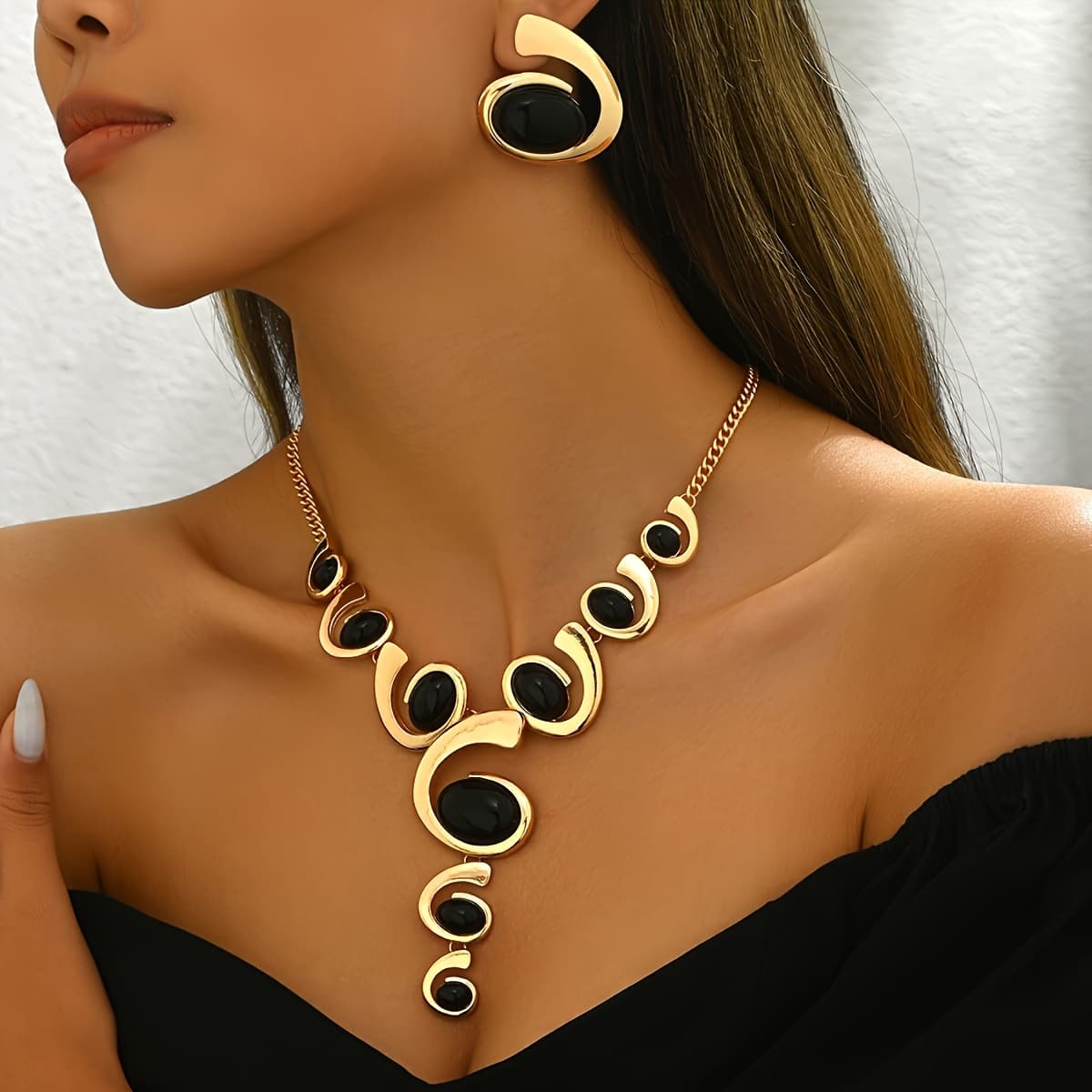 TEMU 3pcs Fashion Double Row Braided Rope Vintage Bohemian Jewelry Set, Geometric Spiral/ Snail 1pc Necklace And 1 Pair Of Earrings, Y Shape Long Pendant, Women' And Party Jewelry Set