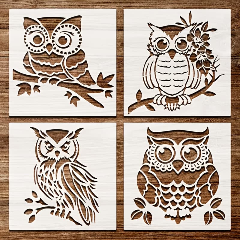 TEMU Set Of 4 Reusable Painting Stencils Featuring An Owl Theme On Branches, Measuring 6x6 Inches, Washable, Suitable For Canvas, Walls, Fabrics, Paper, Crafts, Made Of Pet Material