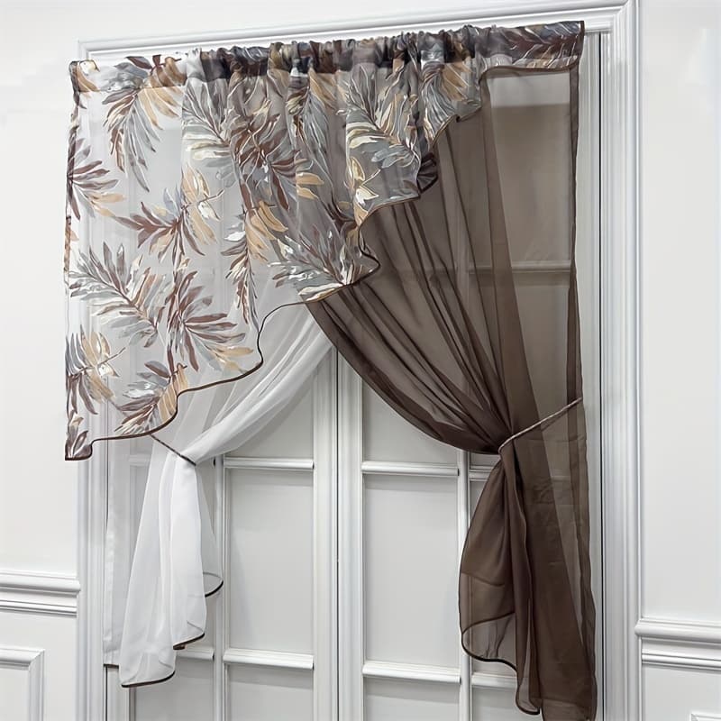 TEMU 1pc Grey Leaves Semi Sheer Curtain Top Rod Pocket Loop Suspension Kitchen Light Filtering Tulle Short Curtain Door Window Living Room Partition Drapes