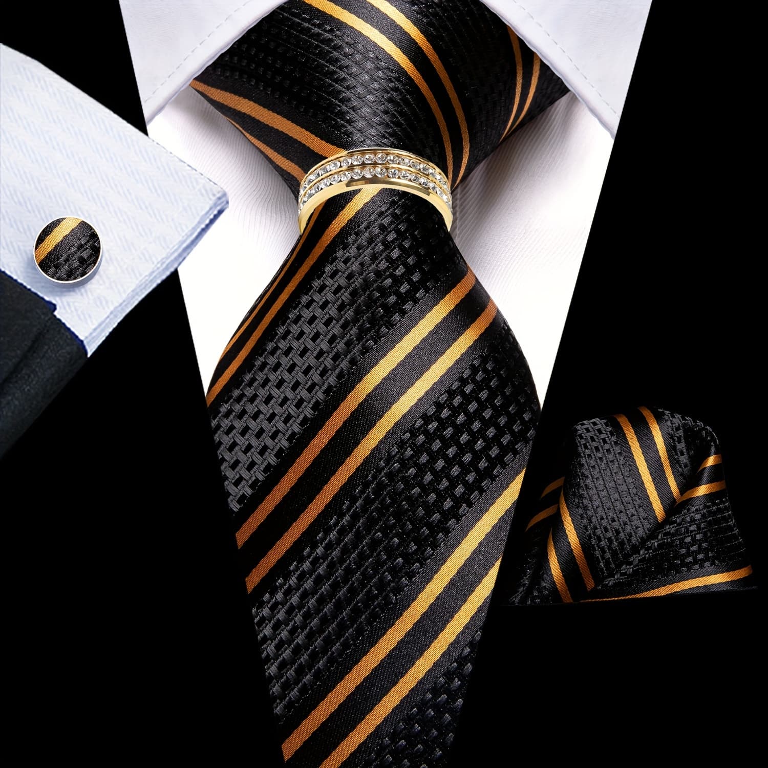TEMU 1set Mens Tie Black Golden Striped Necktie Hankerchief Cufflinks Ring Set Wedding Fashion