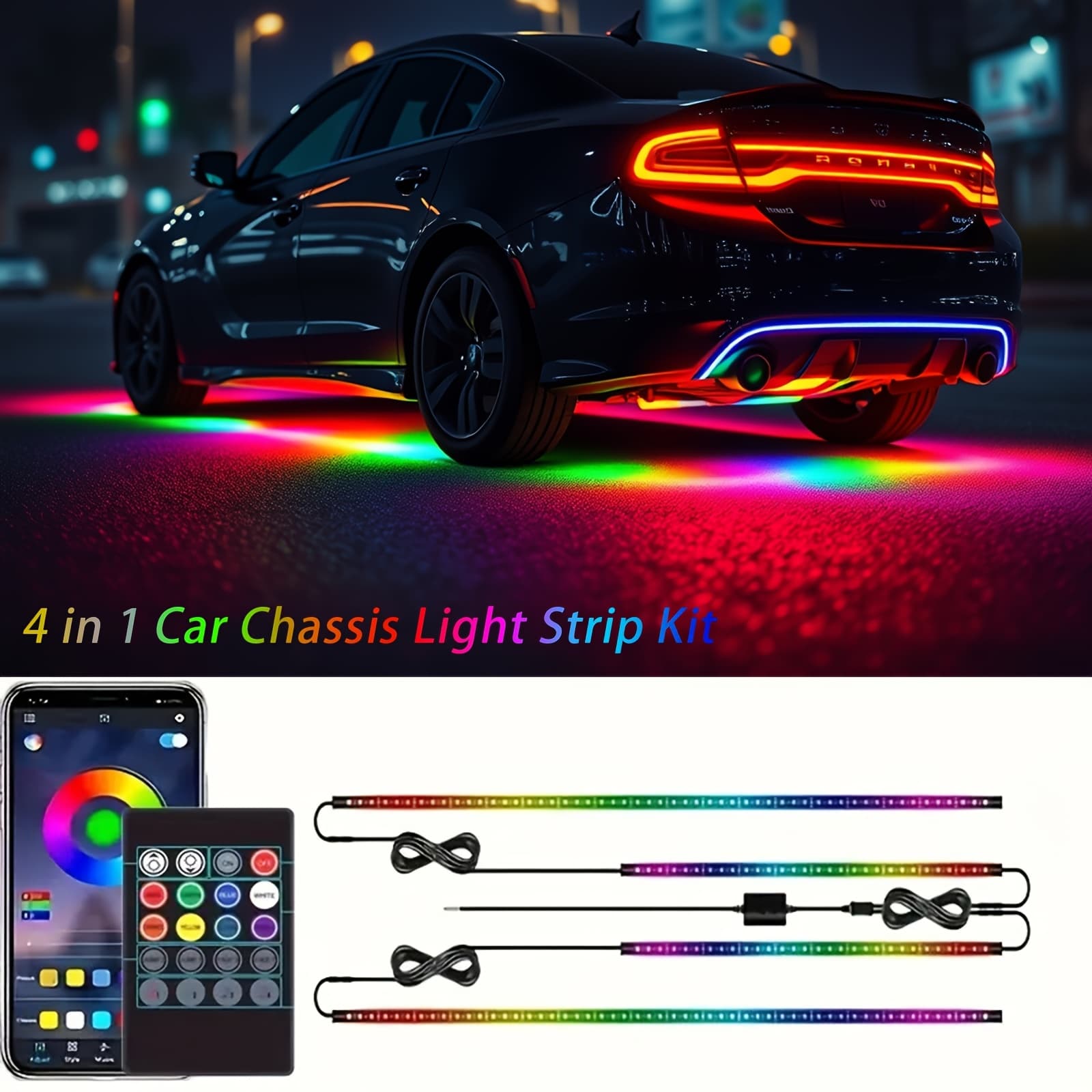 TEMU 4pcs Car Chassis Light Strip And Rgb Car Underbody Lighting Kit With - App And Wireless Remote Control, Durable, Suitable For Different Cars Underbody Light Strip Light Bar Kit, Without Battery