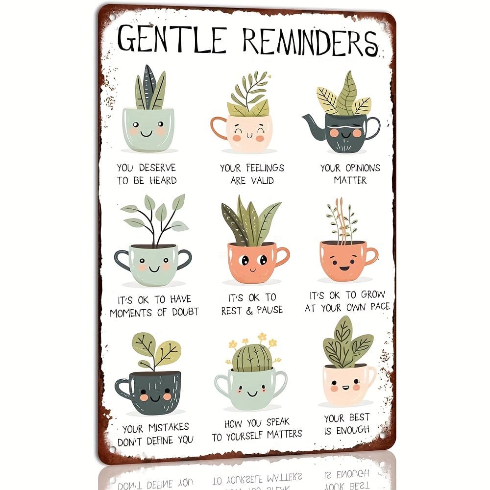 TEMU 2d Flat, 2d Flat Gentle Reminders Motivational Metal Tin Sign With Cute Potted Plants Design, Inspirational Wall Decor For Home, Office, And Rooms, 8*12 Inch, 2d Flat