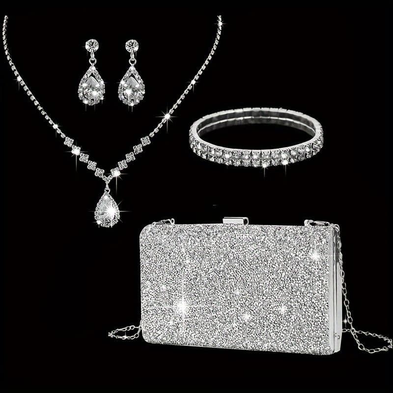 TEMU 4 Luxury Evening Bags With Jewelry, 1 Set Of Glitter Wedding Party Ball Banquet Clutch Bag, Necklace With Glitter Earrings And Women's Bracelets