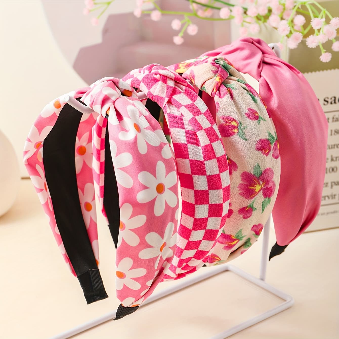 TEMU 4pcs Pink Checkerboard Fabric Printed Wide-rimmed Knotted Headband For Ladies Elegant And All-match Pressed Hair Accessories