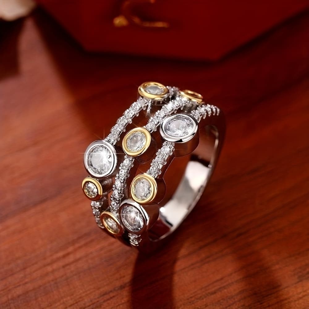 TEMU Retro Luxurious Zirconia Inlaid Wide Band Ring Women's Engagement Wedding Party Banquet Vacation Jewelry Accessory Gift For Anniversary