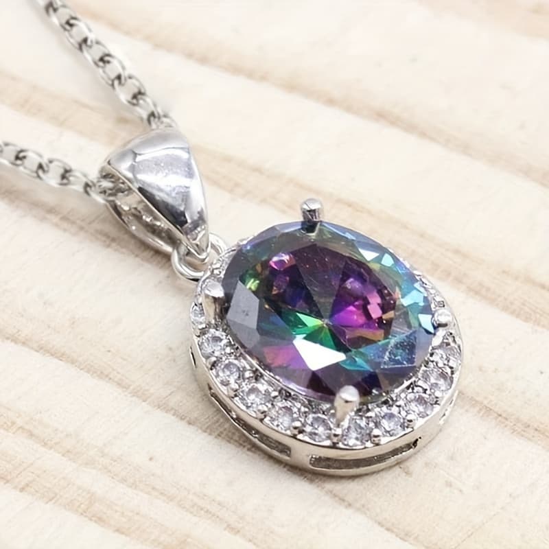 TEMU Stylish And Vibrant Oval Zirconia Pendant Necklace, Use Or As A Holiday Keepsake Gift