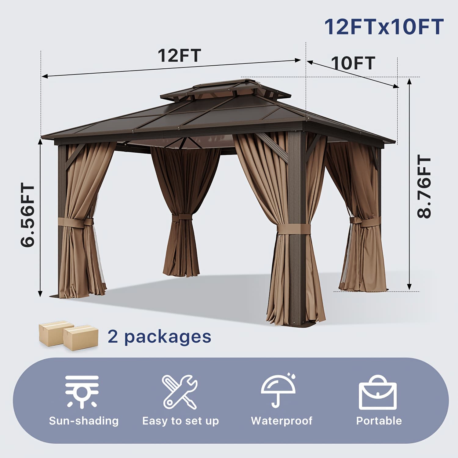 TEMU Outdoor Gazebo With Polycarbonate Roof, Gazebo, Curtains & Netting, Aluminum Frame For Patio & Garden(16x12ft, 12x10ft)