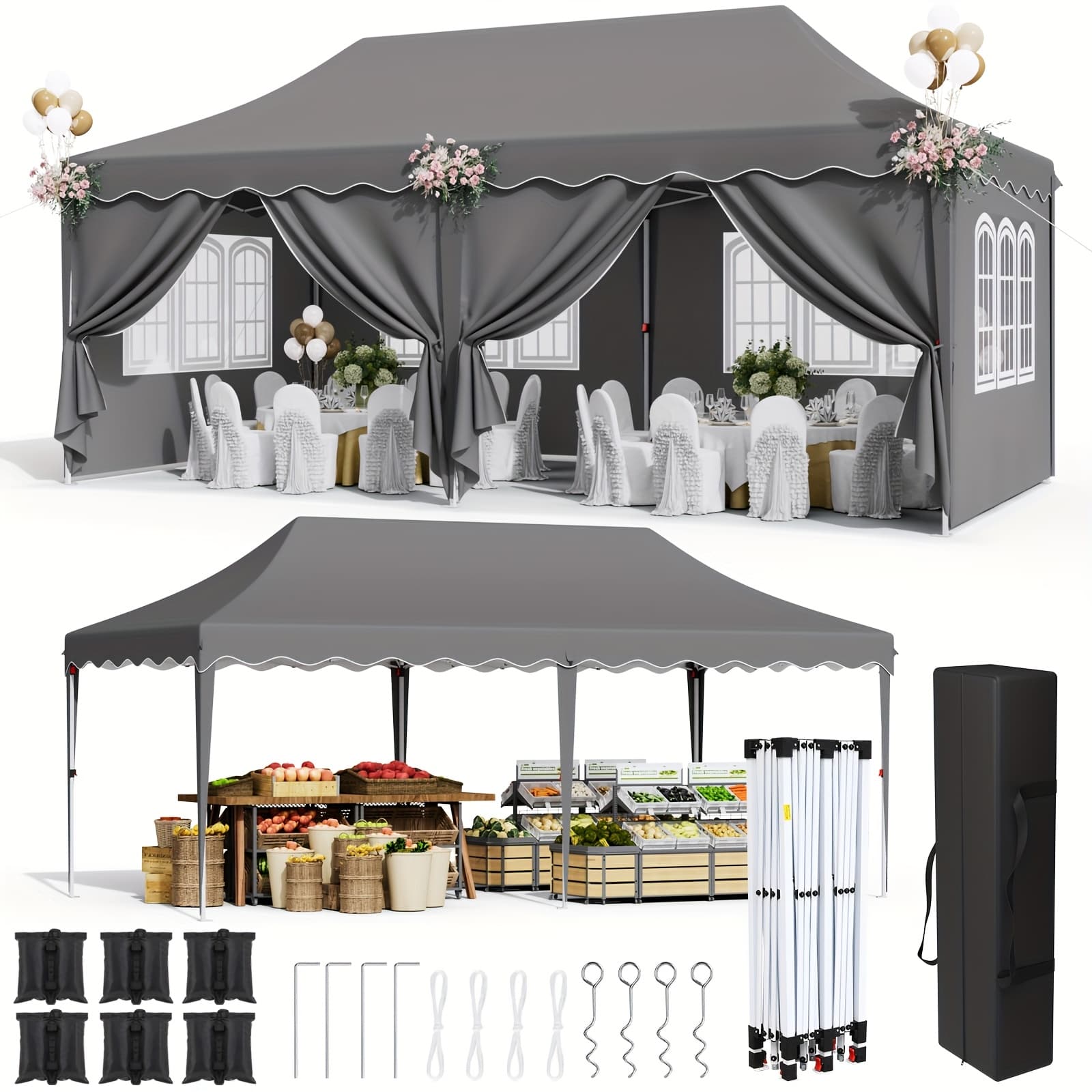 TEMU 10x20ft/10x10ft Pop Up Canopy Tent With , Heavy Duty Wedding Party Tent, Height Adjustable Outdoor Portable Gazebo, Protection Shelter, With Wheeled Bag